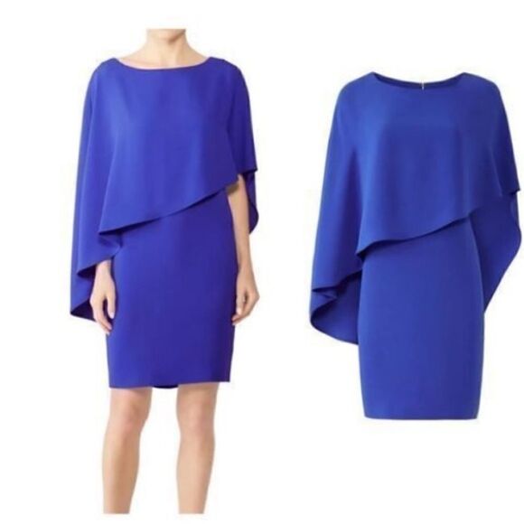 Trina Turk Women’s Size Large Adore Overlay Cape Sheath Dress Night Blue - Picture 4 of 7